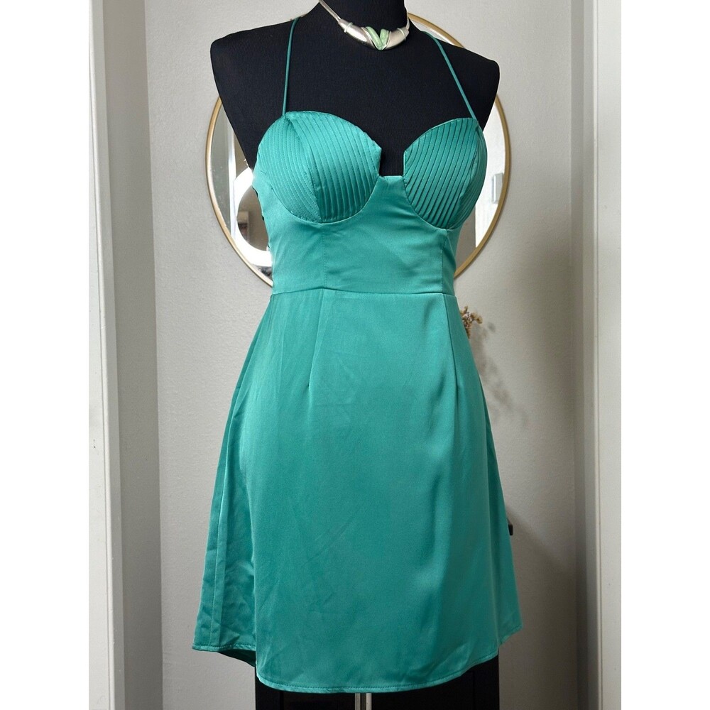 Saints + Secrets Green Corset Pleated Cup Mini Dress Halter Backless Size L NWT